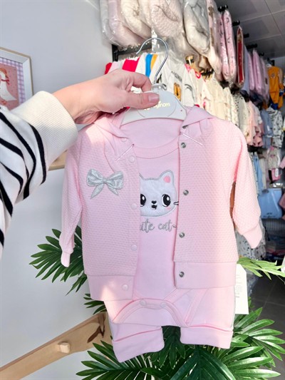 Kedili Ceketli 3lü Takım Pembe