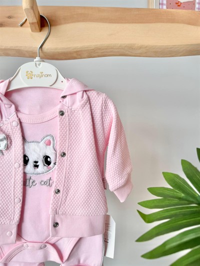 Kedili Ceketli 3lü Takım Pembe
