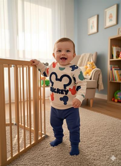 Mickey Baskılı Nakışlı Takım Mavi
