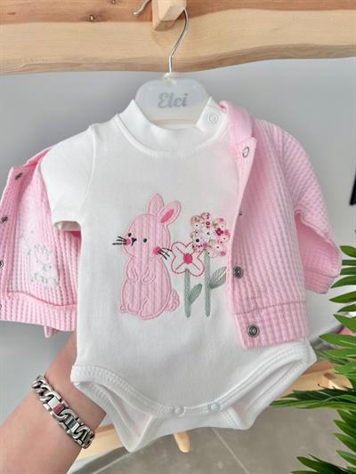 Tavşanlı Çiçekli Ceketli 3lü Takım Pembe