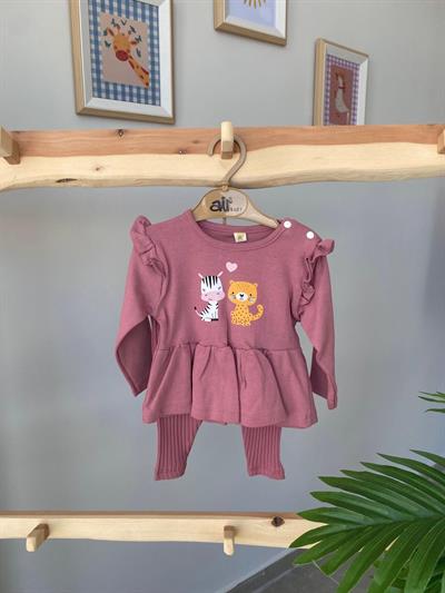 Zebra Kedi Baskılı Taytlı Takım Mürdüm