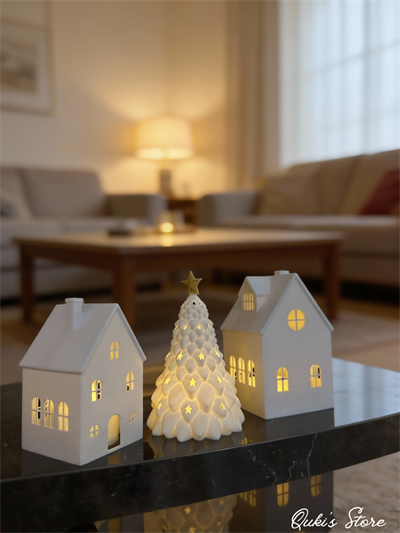 3'lü, Işıklı Noel Evi, Kış Masalı, Tealight - Led Mumlar Dahildir, 10 Cm, 9 cm, 8 cm