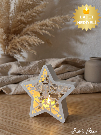 Dekoratif Kartanesi Desenli Yıldız Mumluk, 16 Cm, 1 Adet Tealight Hediyeli