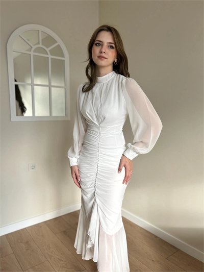 Alina Beyaz Şifon Elbise