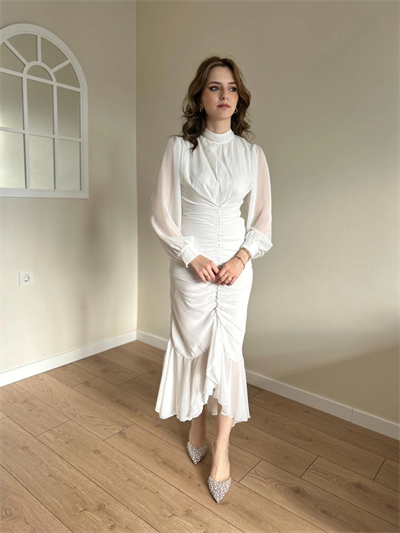 Alina Beyaz Şifon Elbise