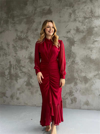 Alina Bordo Rengi Şifon Elbise
