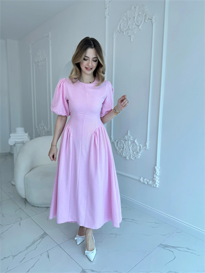Arkadan Bağlamalı Eteği Yanları Büzgülü Keten Pembe Elbise