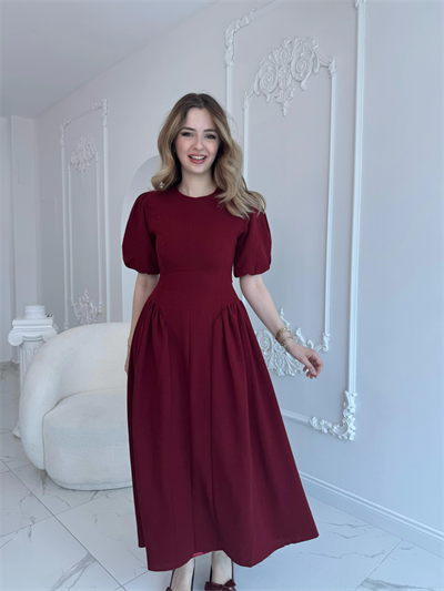 Arkadan Bağlamalı Eteği Yanları Büzgülü Keten Bordo Elbise