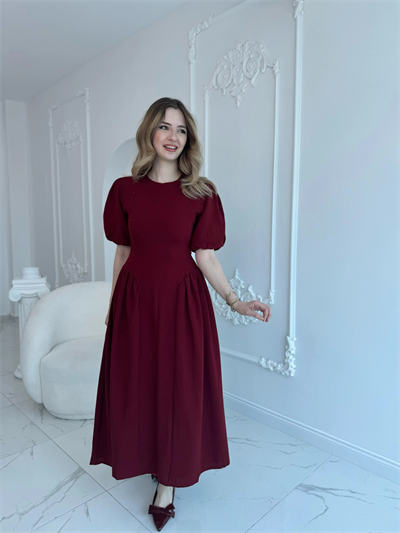 Arkadan Bağlamalı Eteği Yanları Büzgülü Keten Bordo Elbise