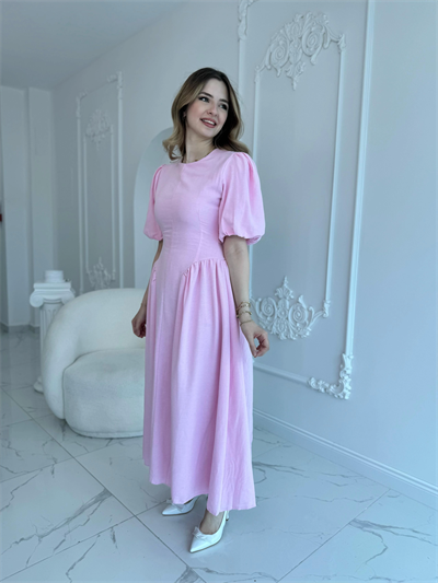 Arkadan Bağlamalı Eteği Yanları Büzgülü Keten Pembe Elbise