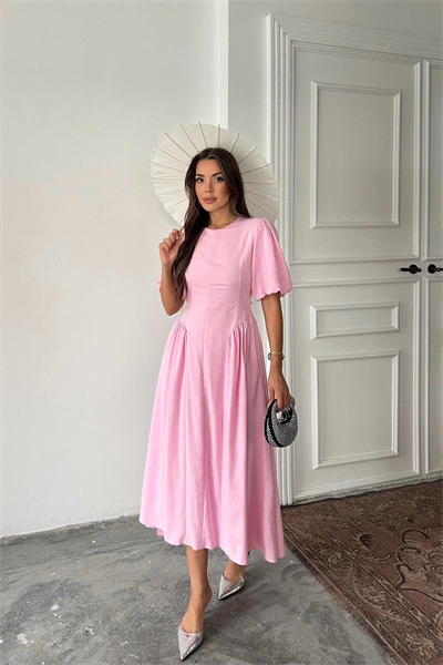 Arkadan Bağlamalı Eteği Yanları Büzgülü Keten Pembe Elbise