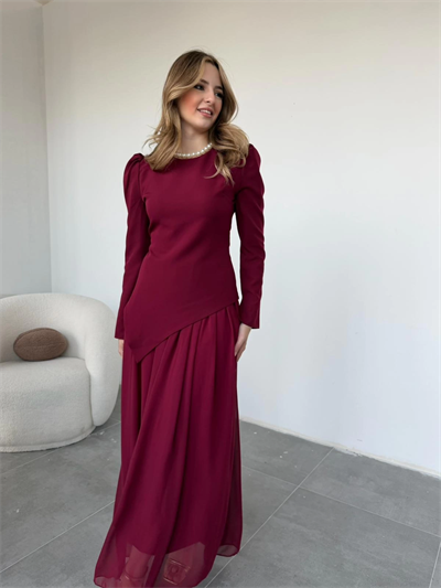 Asimetrik Bluz ve Şifon Etek Bordo Takım