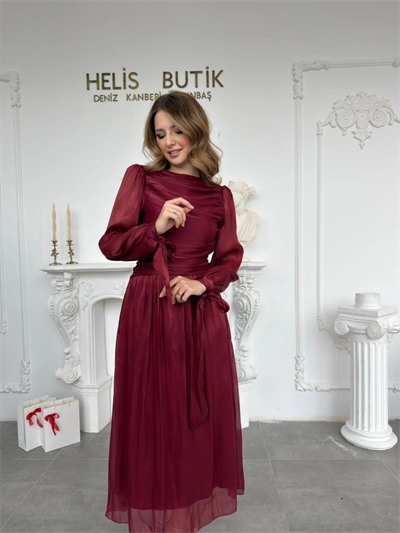 Bağlama Detaylı Simli Işıltılı Bordo Abiye Elbise
