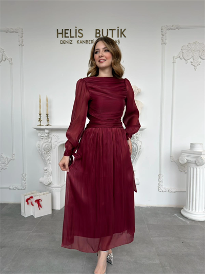 Bağlama Detaylı Simli Işıltılı Bordo Abiye Elbise