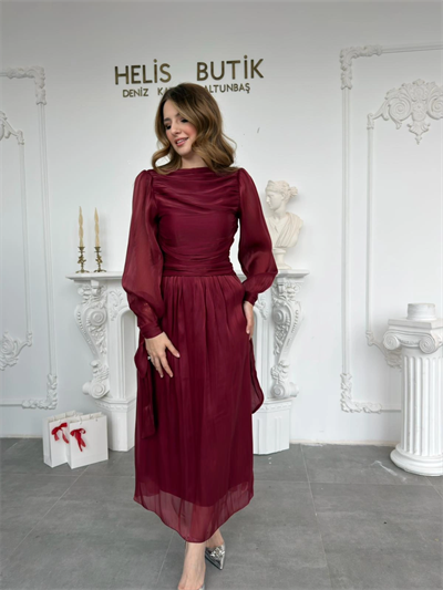 Bağlama Detaylı Simli Işıltılı Bordo Abiye Elbise