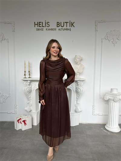 Bağlama Detaylı Simli Işıltılı Kahve Elbise