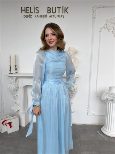 Bağlama Detaylı Simli Işıltılı Mavi Abiye Elbise