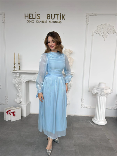 Bağlama Detaylı Simli Işıltılı Mavi Abiye Elbise