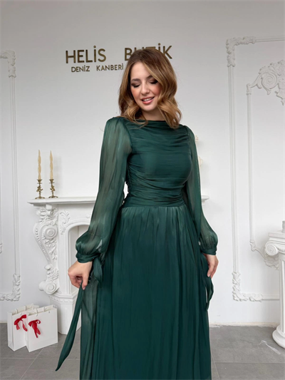 Bağlama Detaylı Simli Işıltılı Zümrüt Abiye Elbise