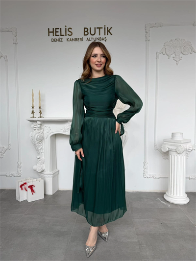 Bağlama Detaylı Simli Işıltılı Zümrüt Abiye Elbise
