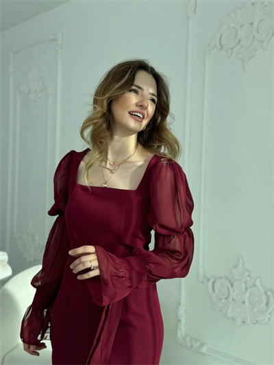 Bağlamalı Kol Tasarımlı Modern Bordo Elbise
