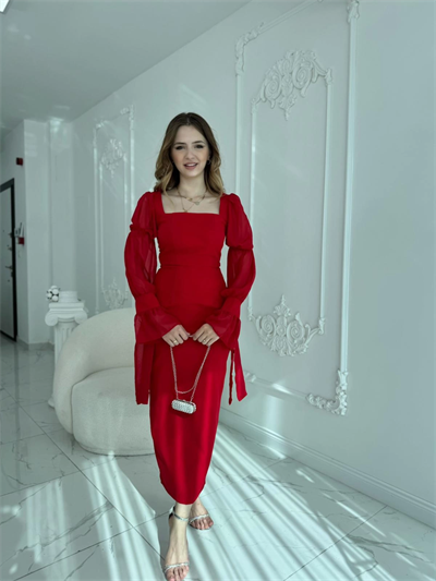 Bağlamalı Kol Tasarımlı Modern Kırmızı Elbise