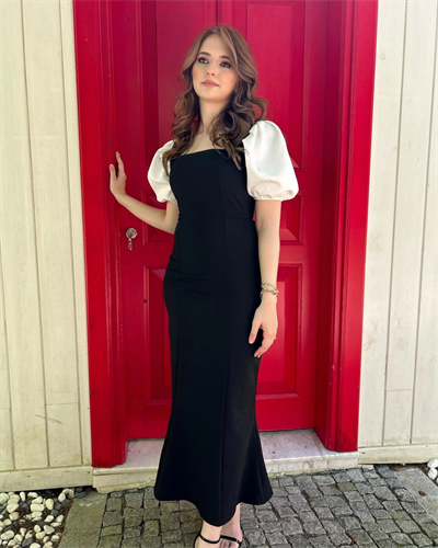 Balon Kol Kare Yaka Siyah Elbise