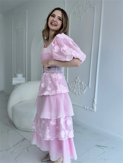 Balon Kol Kat Kat Kare Yaka Prenses Pembe Elbise