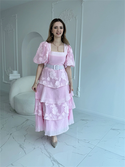 Balon Kol Kat Kat Kare Yaka Prenses Pembe Elbise