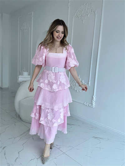 Balon Kol Kat Kat Kare Yaka Prenses Pembe Elbise