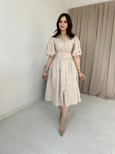 Balon Kol Kemerli Bej Elbise