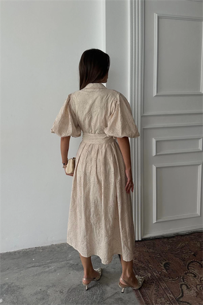 Balon Kol Kemerli Bej Elbise