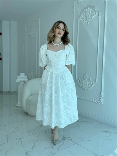 Balon Kollu Dantelli Brode Beyaz ELBİSE