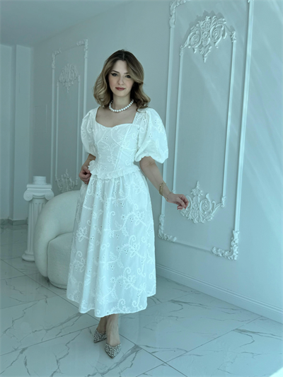 Balon Kollu Dantelli Brode Beyaz ELBİSE