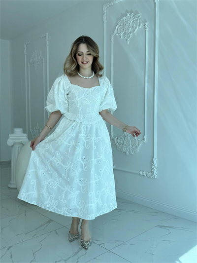 Balon Kollu Dantelli Brode Beyaz ELBİSE