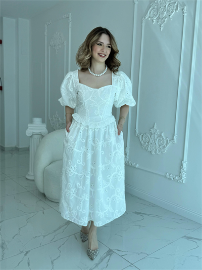 Balon Kollu Dantelli Brode Beyaz ELBİSE