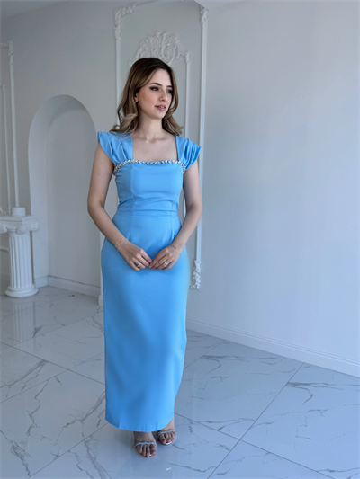 Bebe Mavi Maxi boy yaka taş detaylı uzun elbise