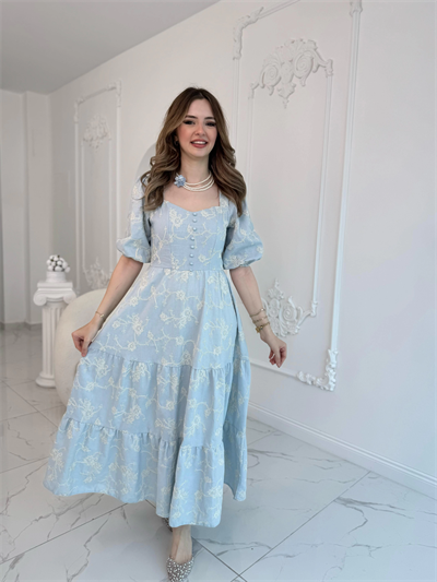Bebe Mavi Süs Düğmeli Balon Kollu Brode Keten Elbise