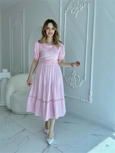Bebe Yaka Müslin Kumaş Pembe Elbise
