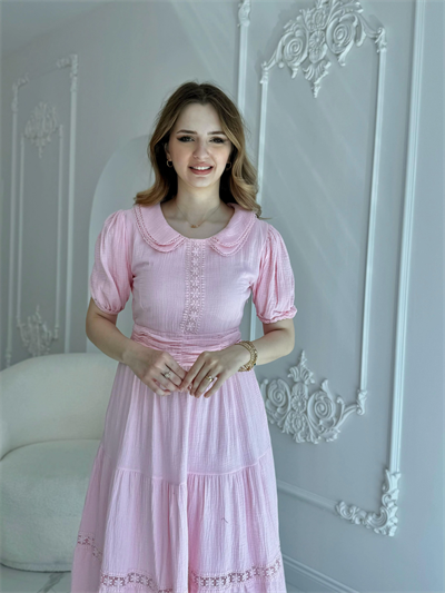 Bebe Yaka Müslin Kumaş Pembe Elbise