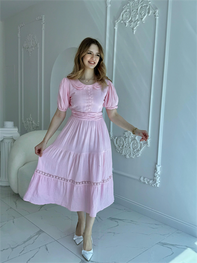 Bebe Yaka Müslin Kumaş Pembe Elbise