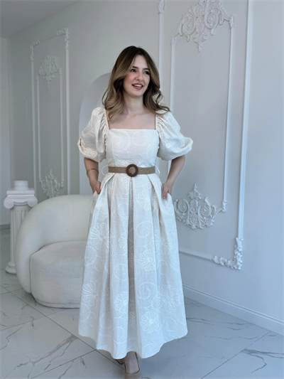 Bej Balon Kollu Hasır Kemerli Brode Elbise