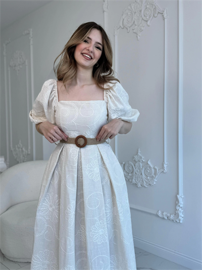 Bej Balon Kollu Hasır Kemerli Brode Elbise