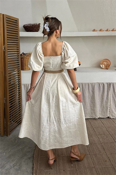 Bej Balon Kollu Hasır Kemerli Brode Elbise