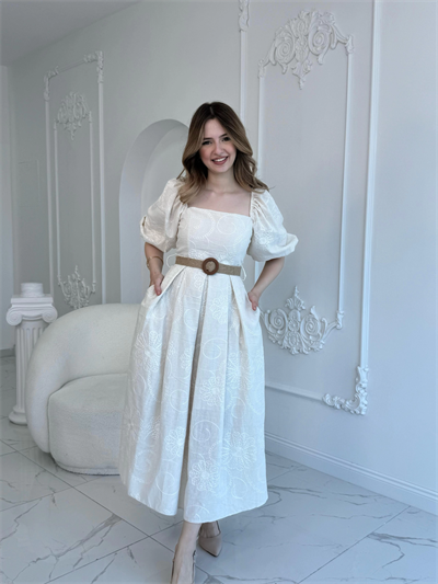 Bej Balon Kollu Hasır Kemerli Brode Elbise