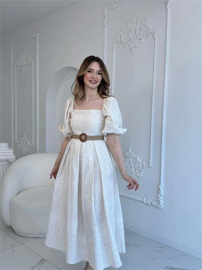 Bej Balon Kollu Hasır Kemerli Brode Elbise