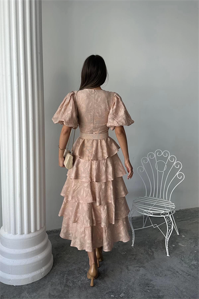 Bej Kat Kat Balon Kollu Kemerli Elbise