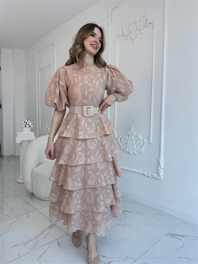 Bej Kat Kat Balon Kollu Kemerli Elbise