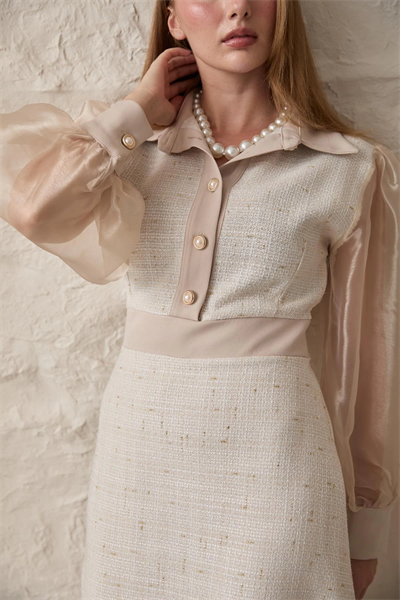 Bej Kolu Organze Garnili Elbise