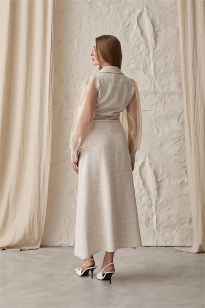 Bej Kolu Organze Garnili Elbise